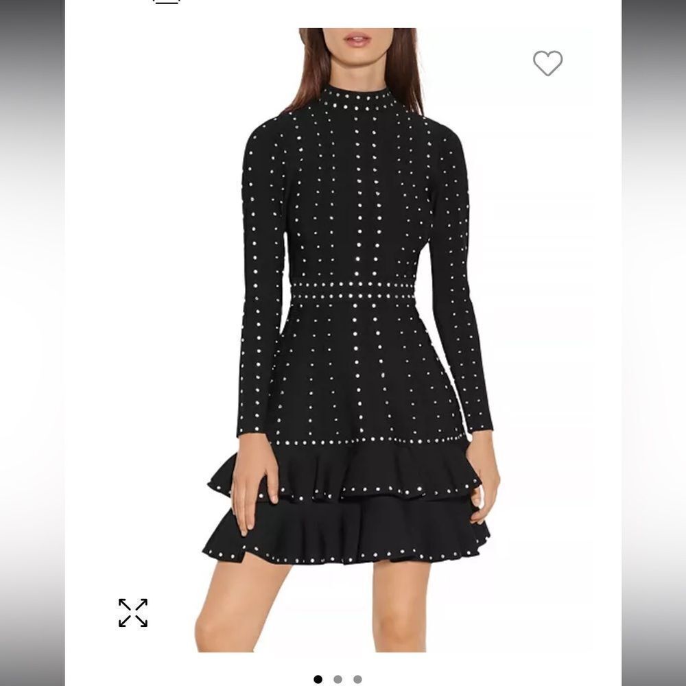 Sandro black silver knit studded mini dress tiered Asya 34